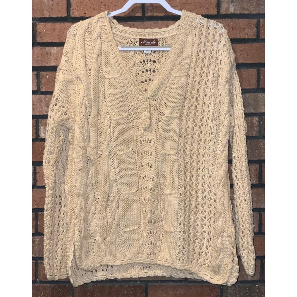 Marcello Womens Beige V Neck Hand Knit Sweater‎ Cotton Linen Blend OS